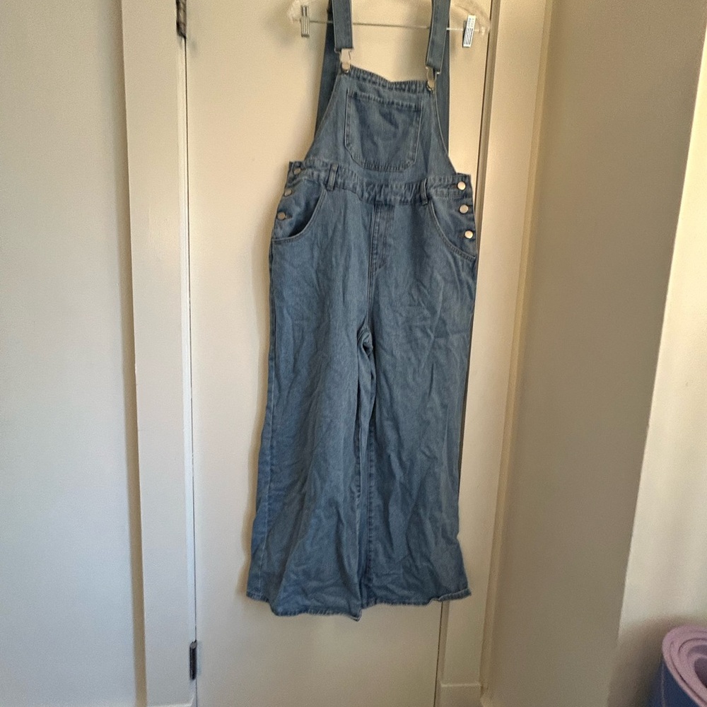Blue Denim Overalls with Adjustable Straps and Wide-Leg Fit